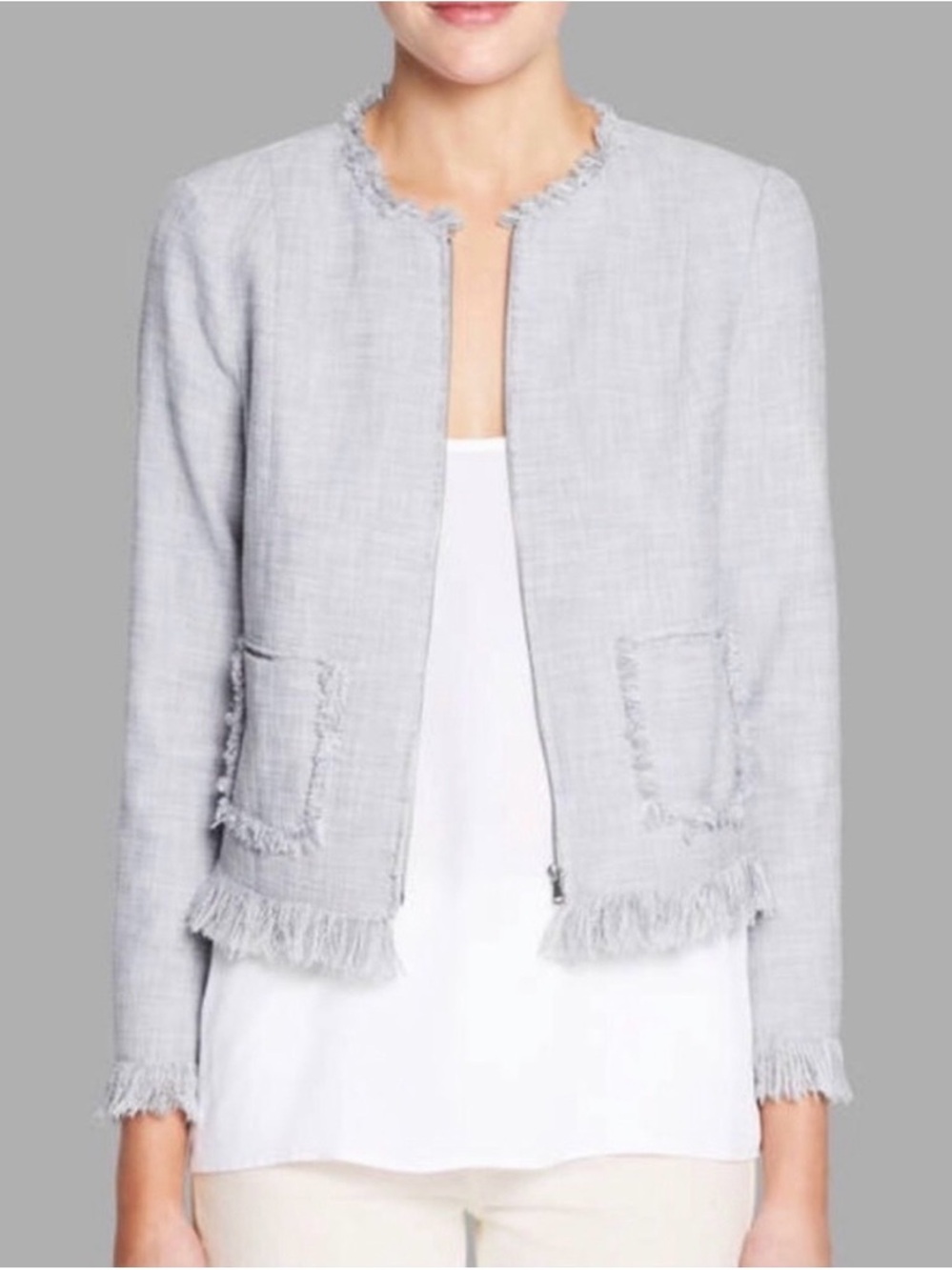 Rebecca Taylor gray fringe zip up jacket suiting blazer size 0